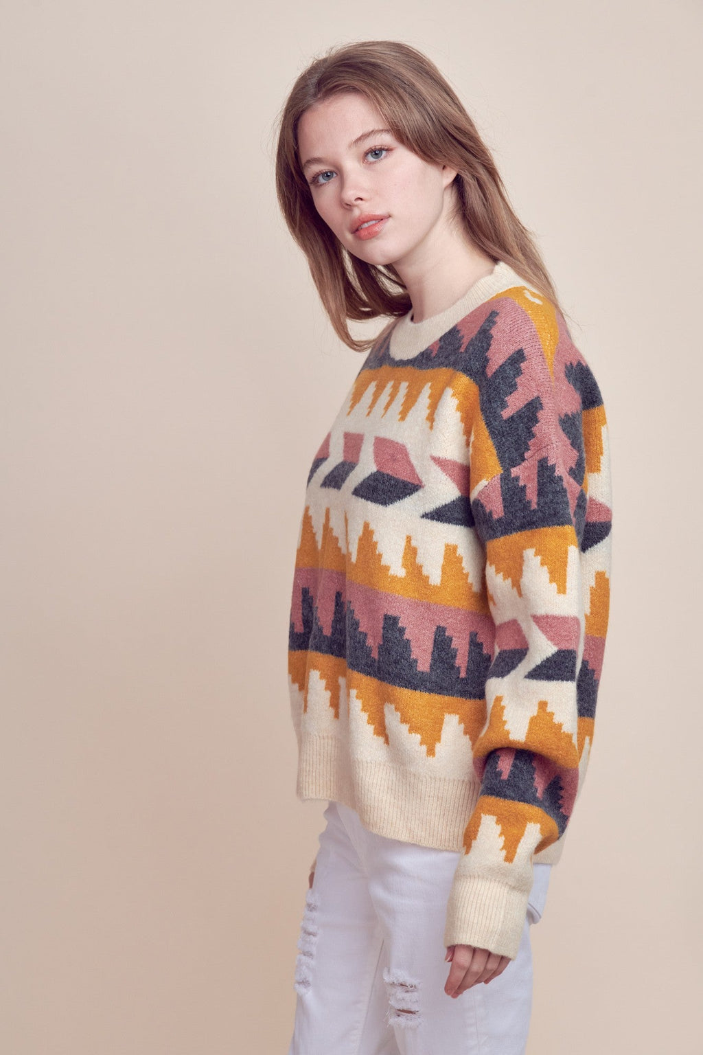 &Merci Geometric Fair Isle Western Sweater — Crew Neck in Cream, Indigo, Mauve & Mustard Mid-Weight Knit