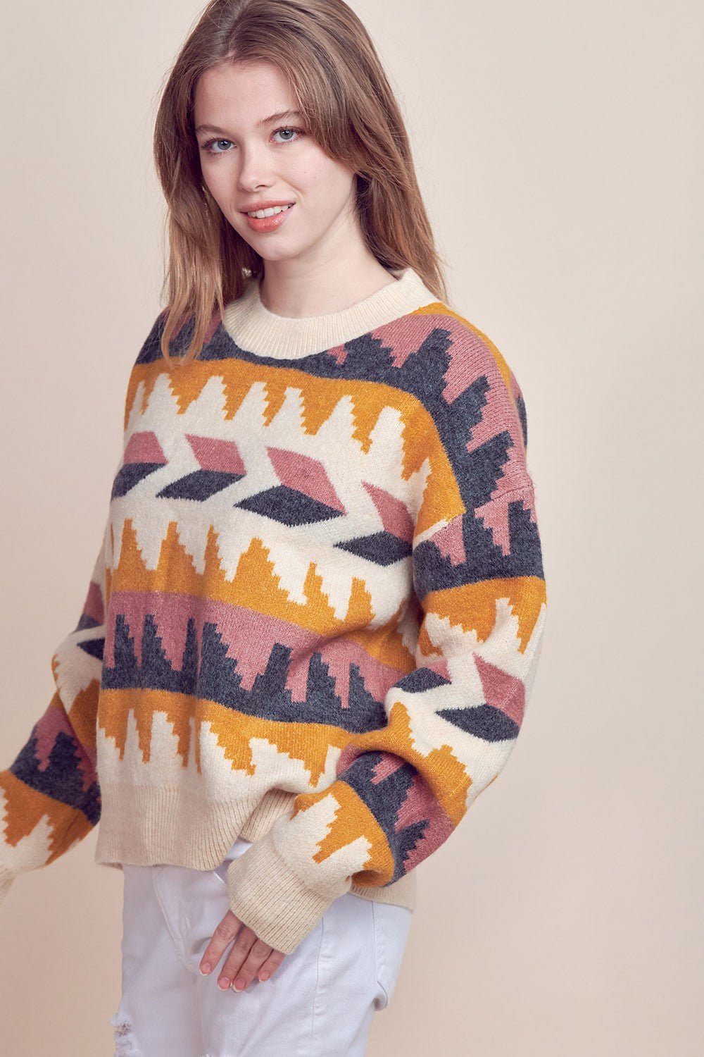 &Merci Geometric Fair Isle Western Sweater — Crew Neck in Cream, Indigo, Mauve & Mustard Mid-Weight Knit