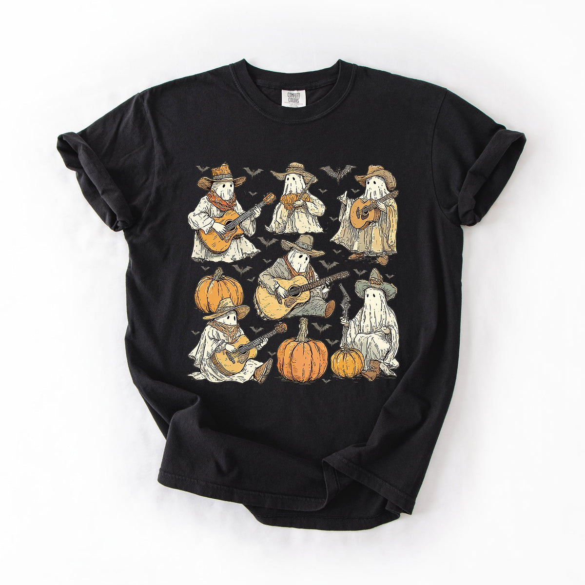 Ghost Cowboys Halloween Bats Spooky Western Outlaws Under Moonlit Sky With Whimsical Ghost Town Charm Comfort Colors Tee - Quarter Circle AK Boutique