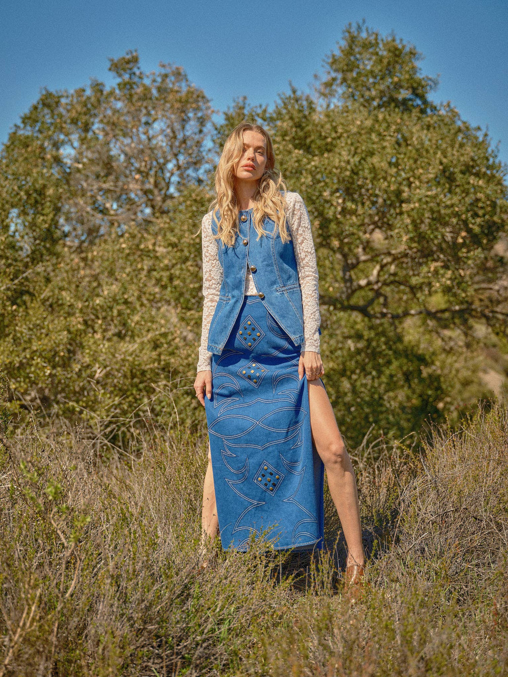 Blue B "Gold Rush" Button Denim Western Vest — Medium-Wash with Gold Shank Buttons & Side Welt Pockets