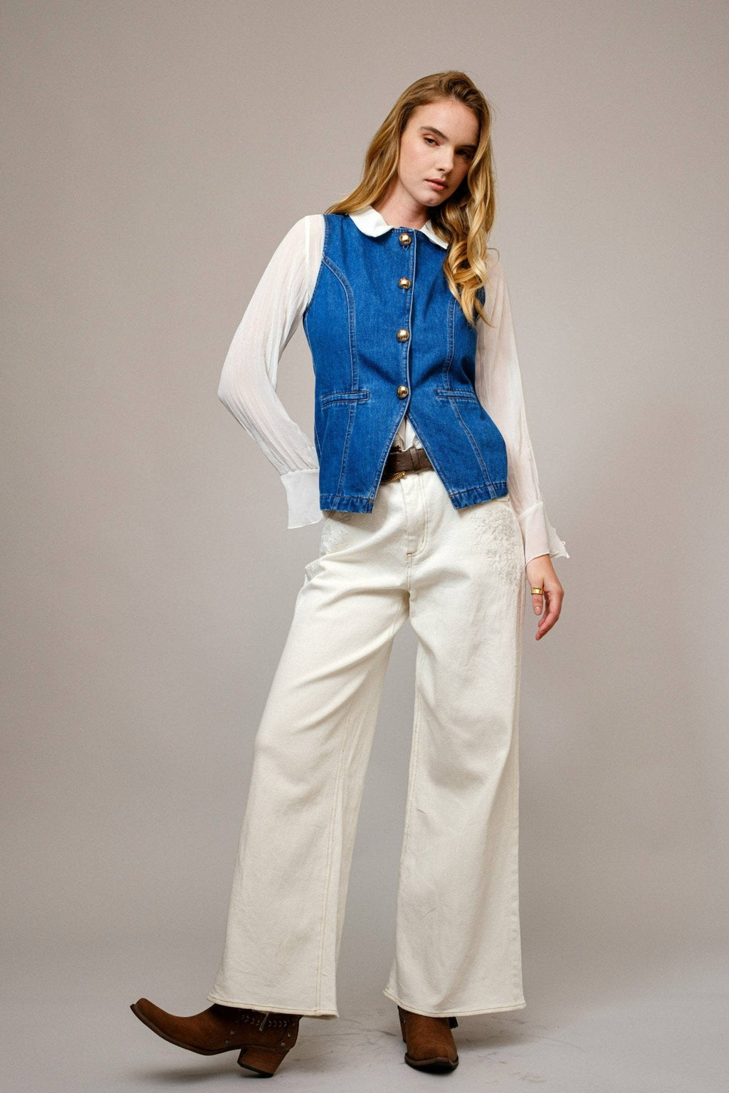 Blue B "Gold Rush" Button Denim Western Vest — Medium-Wash with Gold Shank Buttons & Side Welt Pockets
