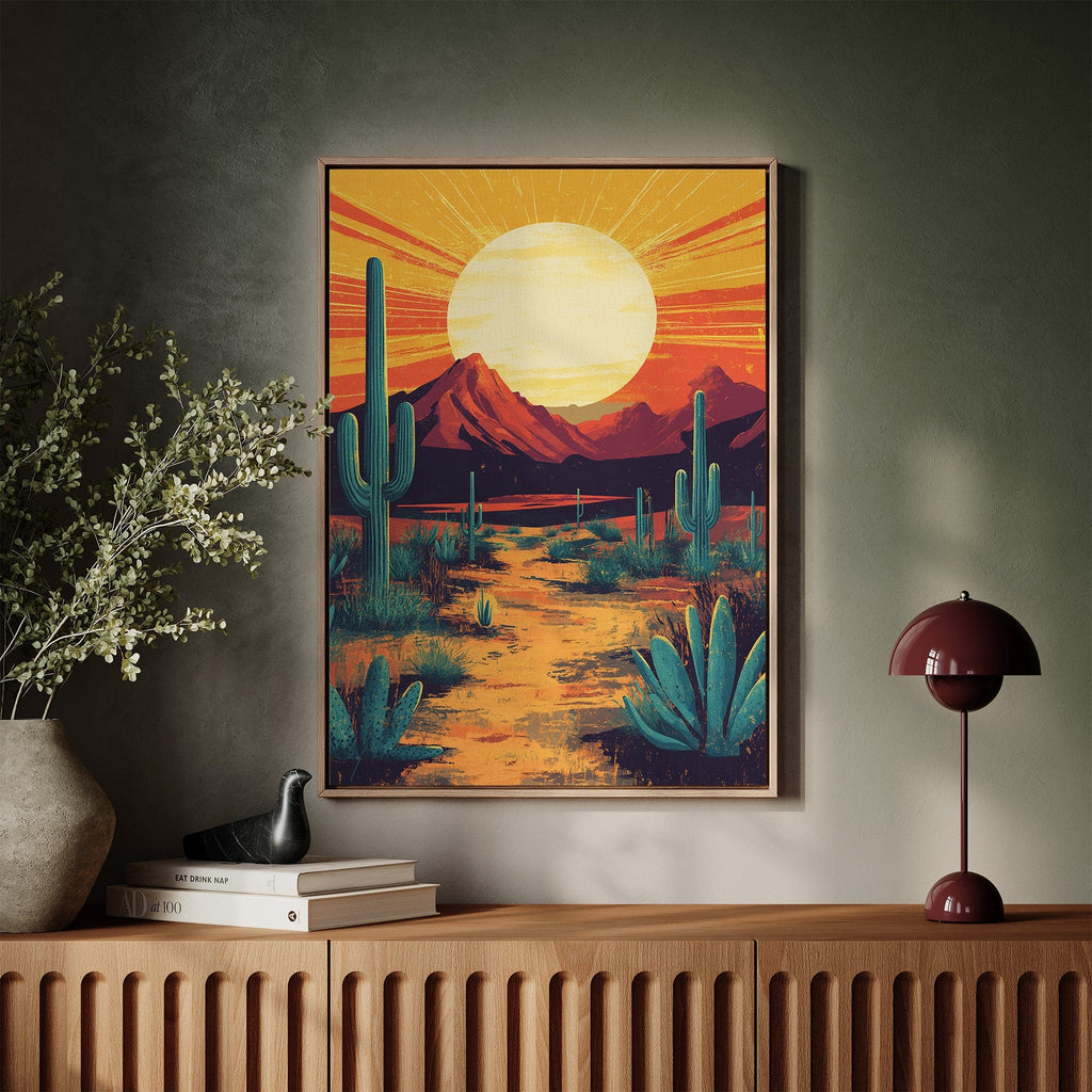 Golden Desert Sunset – Southwestern Cactus Wall Art - Quarter Circle AK Boutique