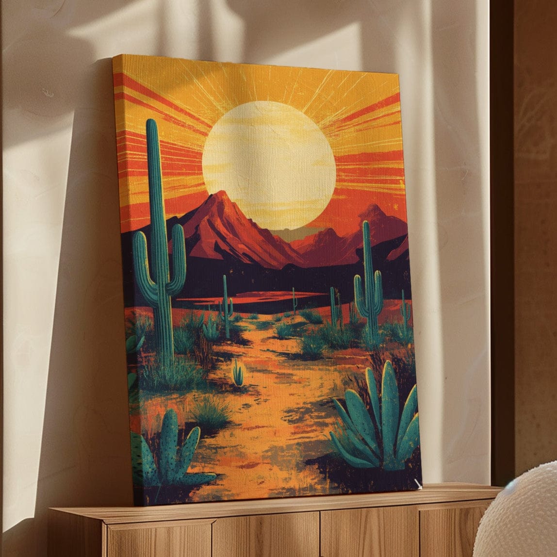 Golden Desert Sunset – Southwestern Cactus Wall Art - Quarter Circle AK Boutique