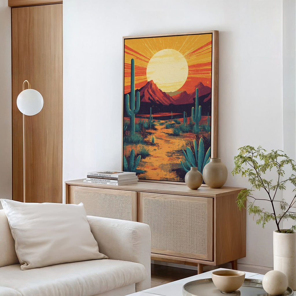 Golden Desert Sunset – Southwestern Cactus Wall Art - Quarter Circle AK Boutique