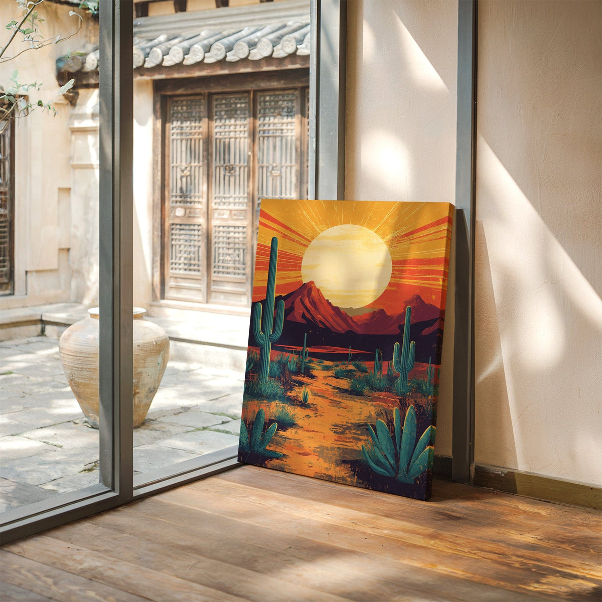 Golden Desert Sunset – Southwestern Cactus Wall Art - Quarter Circle AK Boutique
