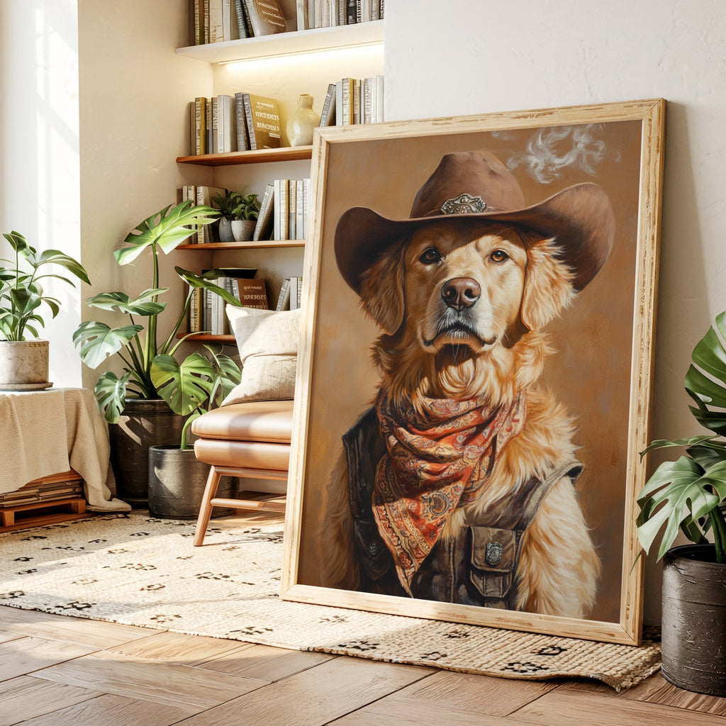 Golden Retriever Gunslinger in a Cowboy Hat - Quarter Circle AK Boutique