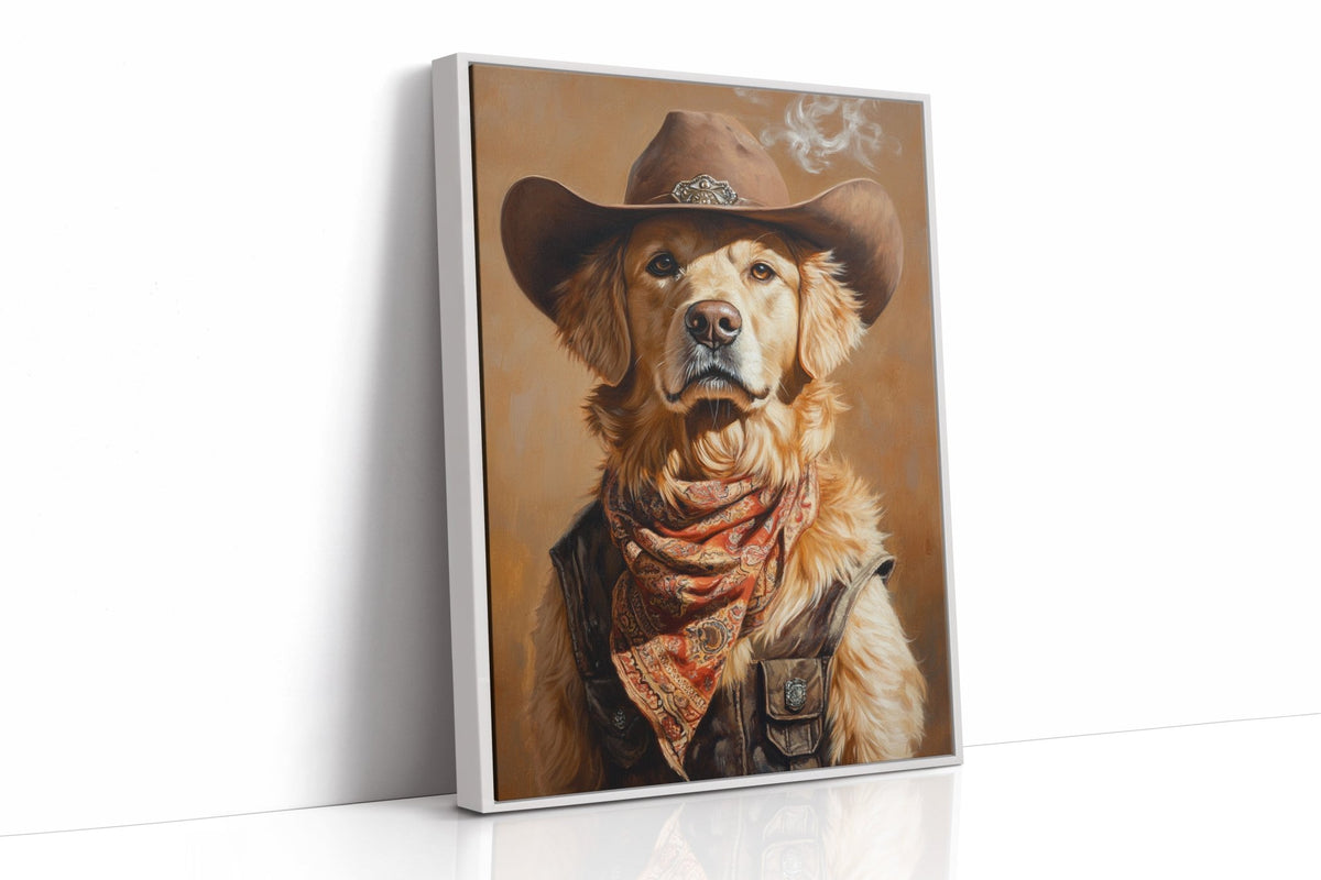 Golden Retriever Gunslinger in a Cowboy Hat - Quarter Circle AK Boutique