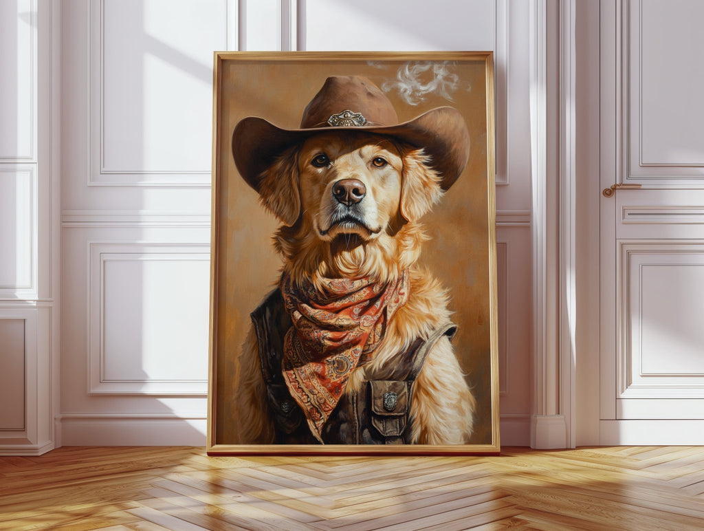 Golden Retriever Gunslinger in a Cowboy Hat - Quarter Circle AK Boutique
