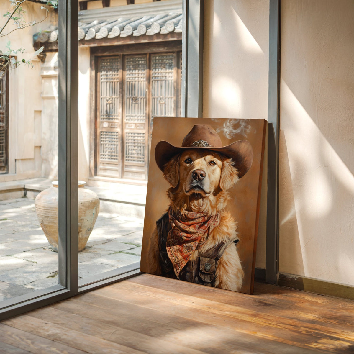 Golden Retriever Gunslinger in a Cowboy Hat - Quarter Circle AK Boutique