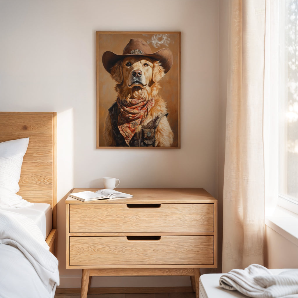 Golden Retriever Gunslinger in a Cowboy Hat - Quarter Circle AK Boutique