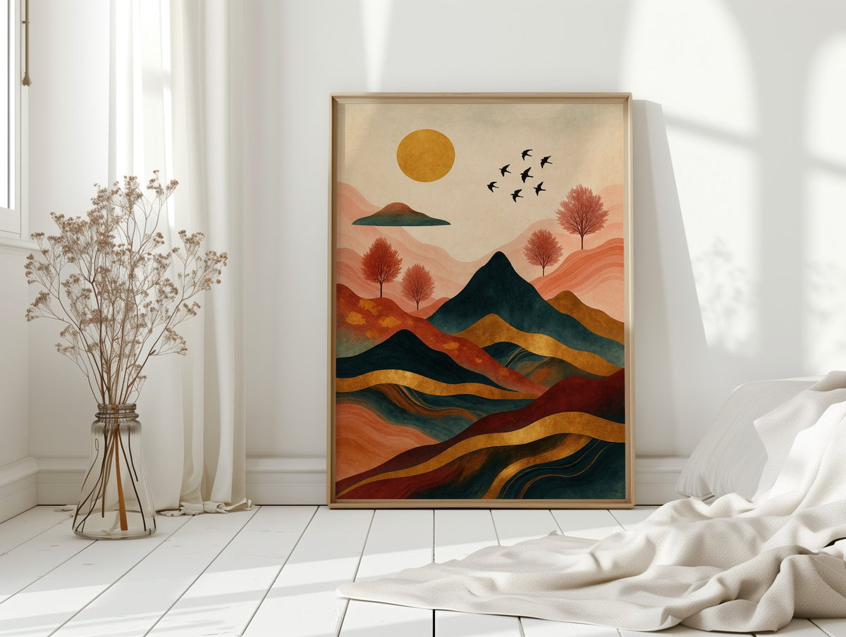 Golden Sun Over Vibrant Mountain Landscape Art Print - Quarter Circle AK Boutique