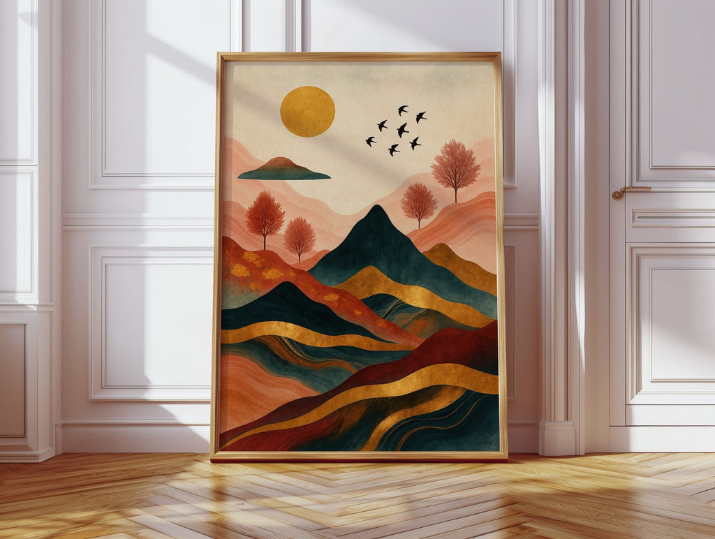 Golden Sun Over Vibrant Mountain Landscape Art Print - Quarter Circle AK Boutique