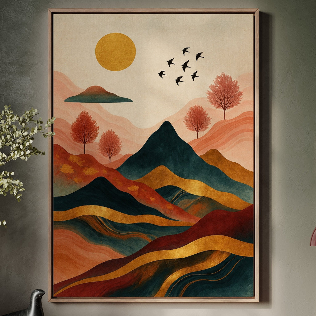 Golden Sun Over Vibrant Mountain Landscape Art Print - Quarter Circle AK Boutique