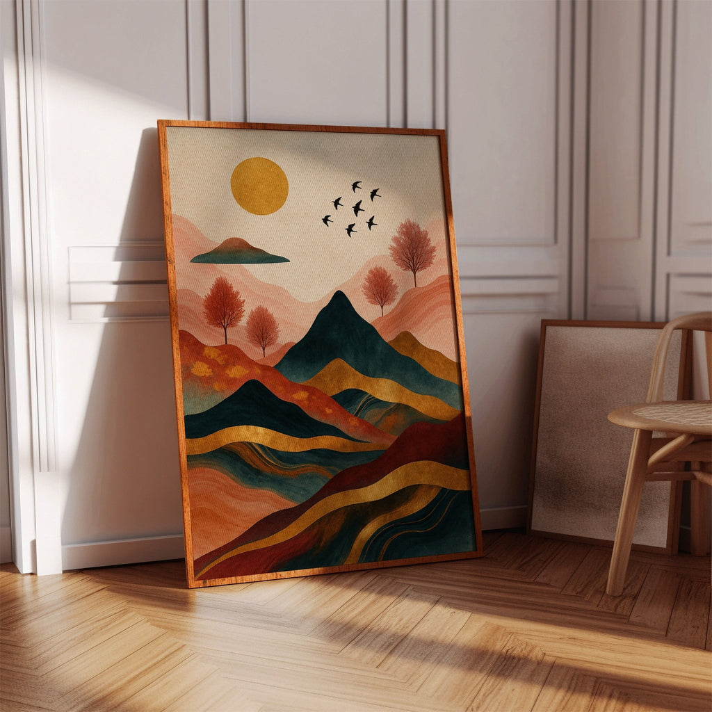 Golden Sun Over Vibrant Mountain Landscape Art Print - Quarter Circle AK Boutique