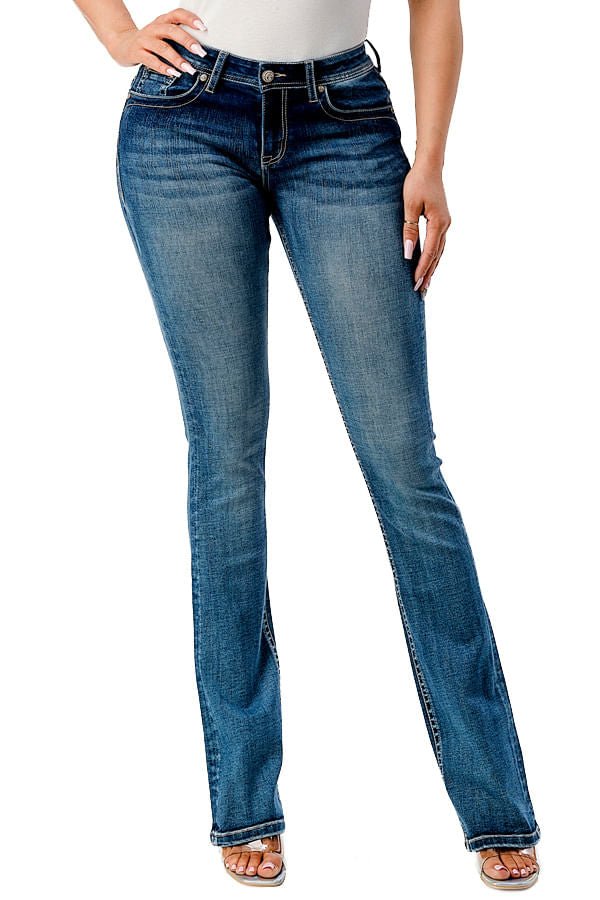 Grace in LA Women's Western Steer Head Print Mid Rise Bootcut Jeans - Quarter Circle AK Boutique