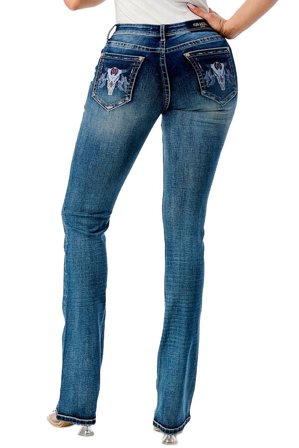 Grace in LA Women's Western Steer Head Print Mid Rise Bootcut Jeans - Quarter Circle AK Boutique