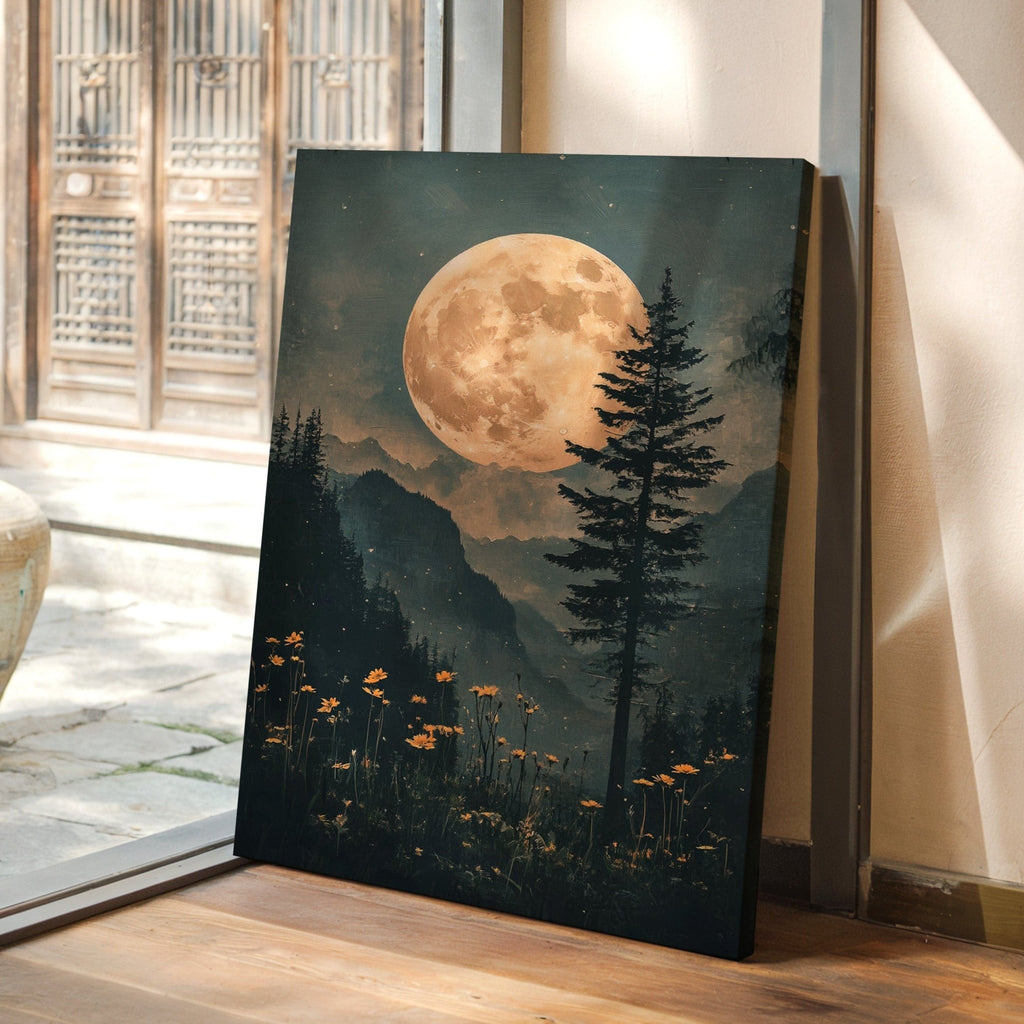 Harvest Moon Forest: Serene Mountain Landscape Canvas Wall Art - Quarter Circle AK Boutique