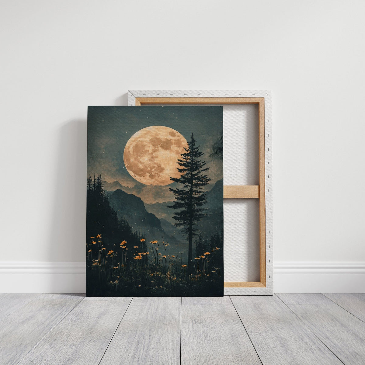 Harvest Moon Forest: Serene Mountain Landscape Canvas Wall Art - Quarter Circle AK Boutique