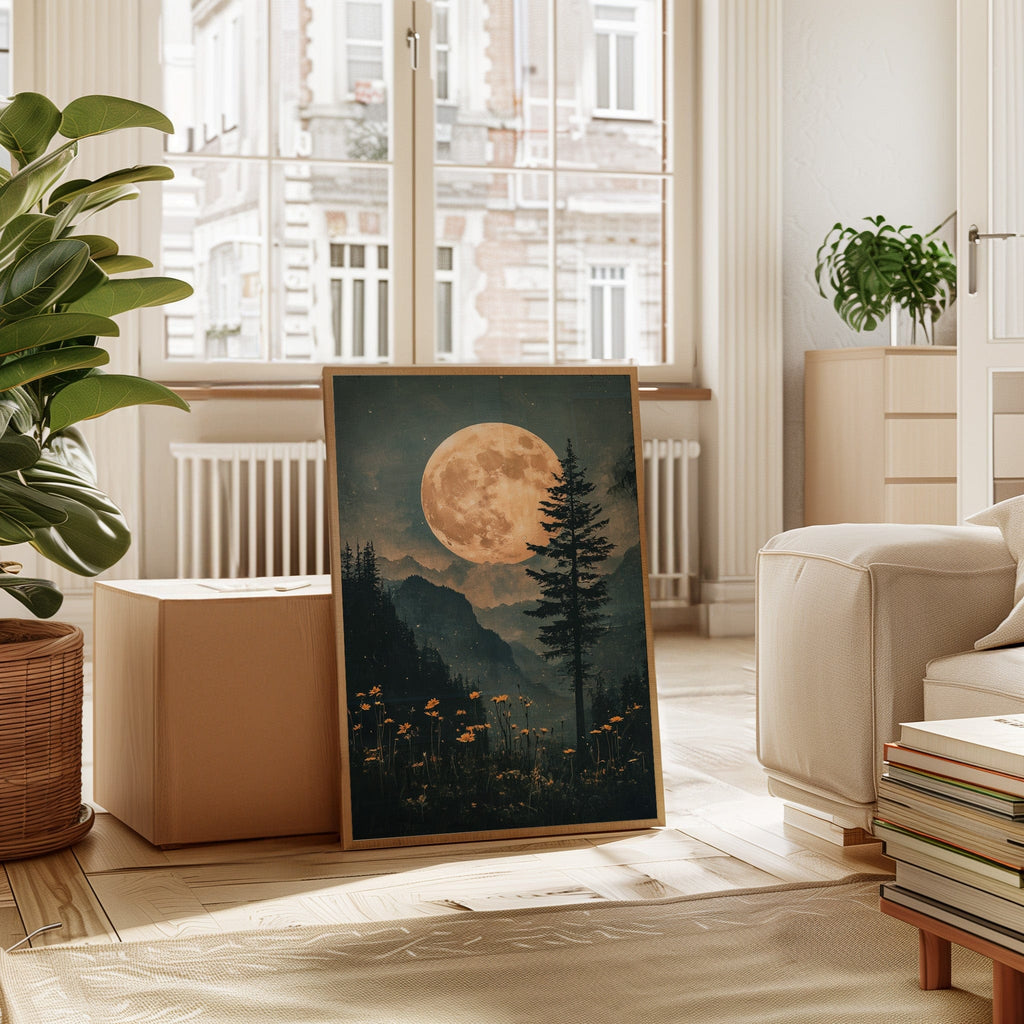 Harvest Moon Forest: Serene Mountain Landscape Canvas Wall Art - Quarter Circle AK Boutique