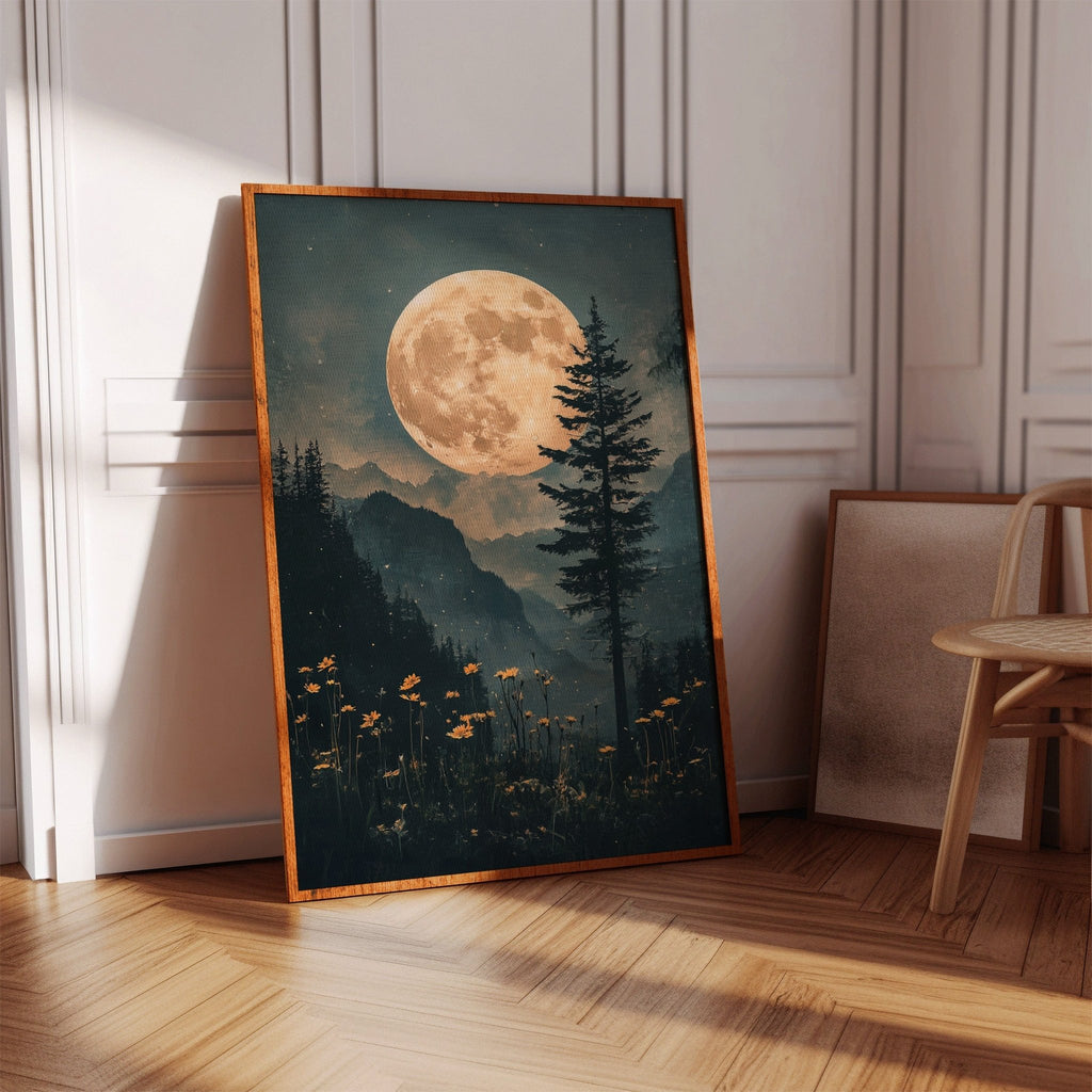 Harvest Moon Forest: Serene Mountain Landscape Canvas Wall Art - Quarter Circle AK Boutique