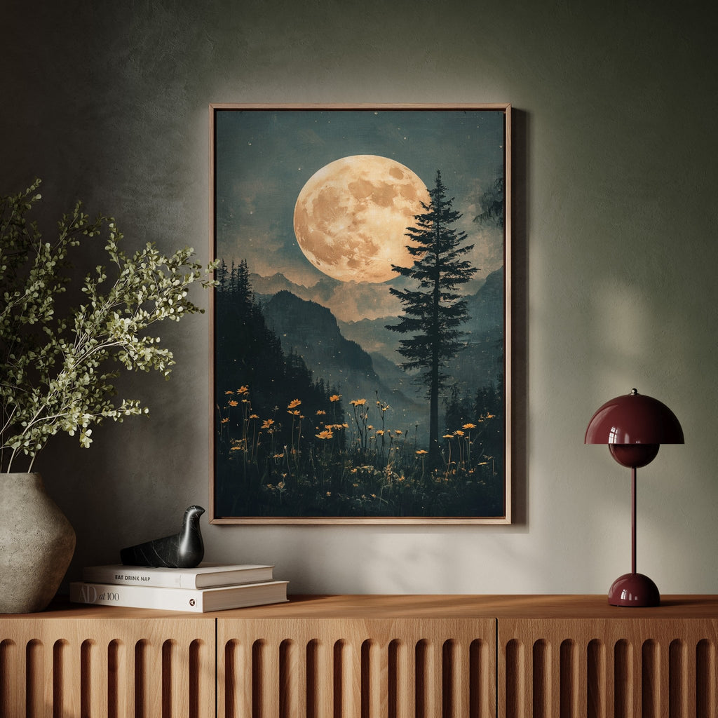 Harvest Moon Forest: Serene Mountain Landscape Canvas Wall Art - Quarter Circle AK Boutique