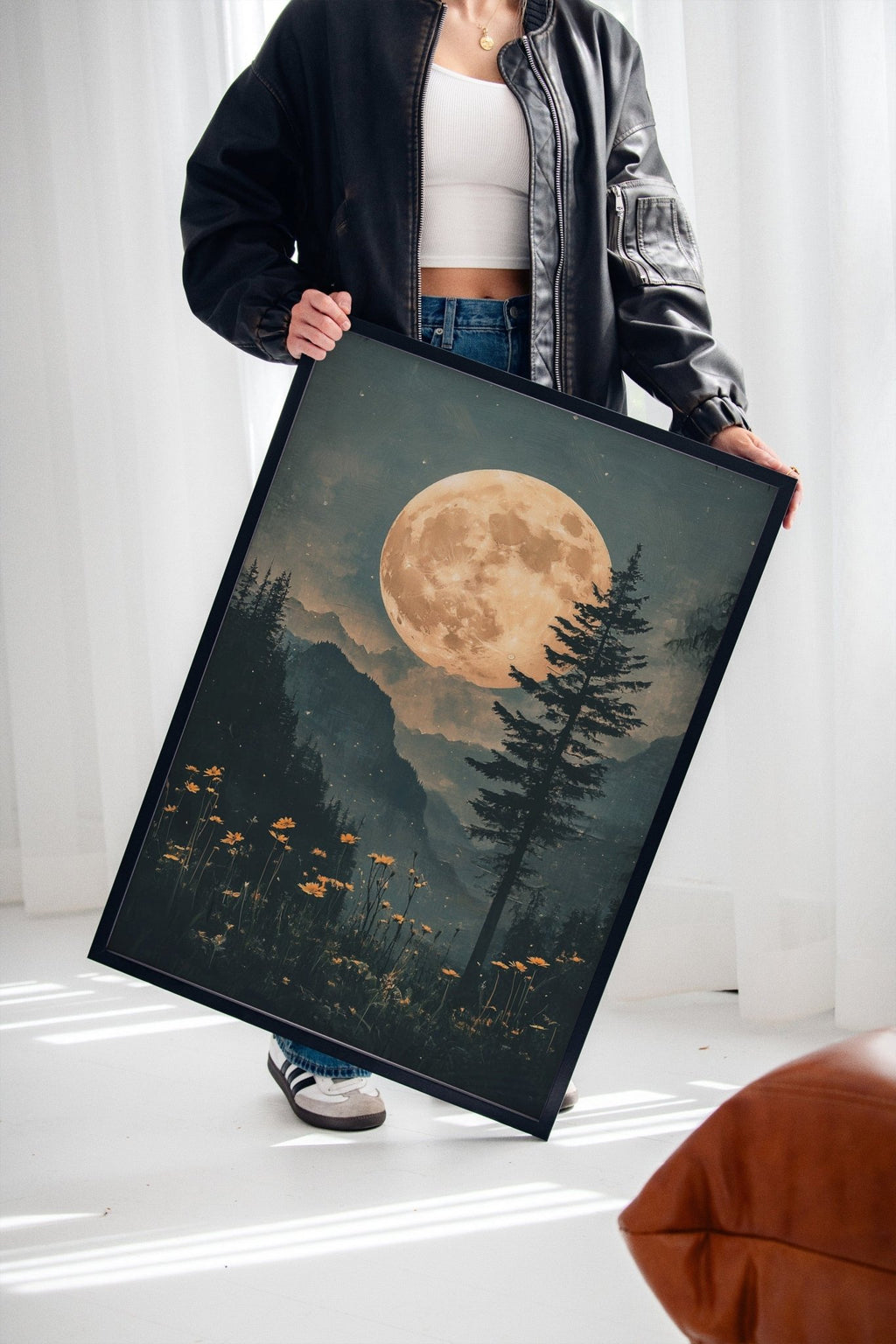 Harvest Moon Forest: Serene Mountain Landscape Canvas Wall Art - Quarter Circle AK Boutique