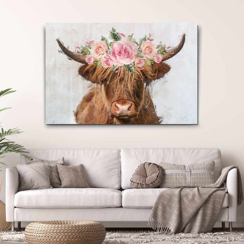 Highland Cow Floral Wreath Painting Canvas Wall Art - Quarter Circle AK Boutique