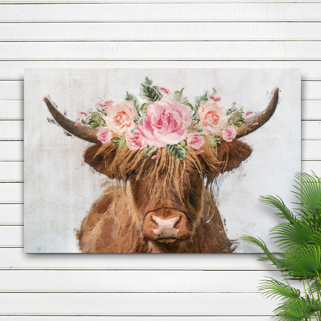 Highland Cow Floral Wreath Painting Canvas Wall Art - Quarter Circle AK Boutique