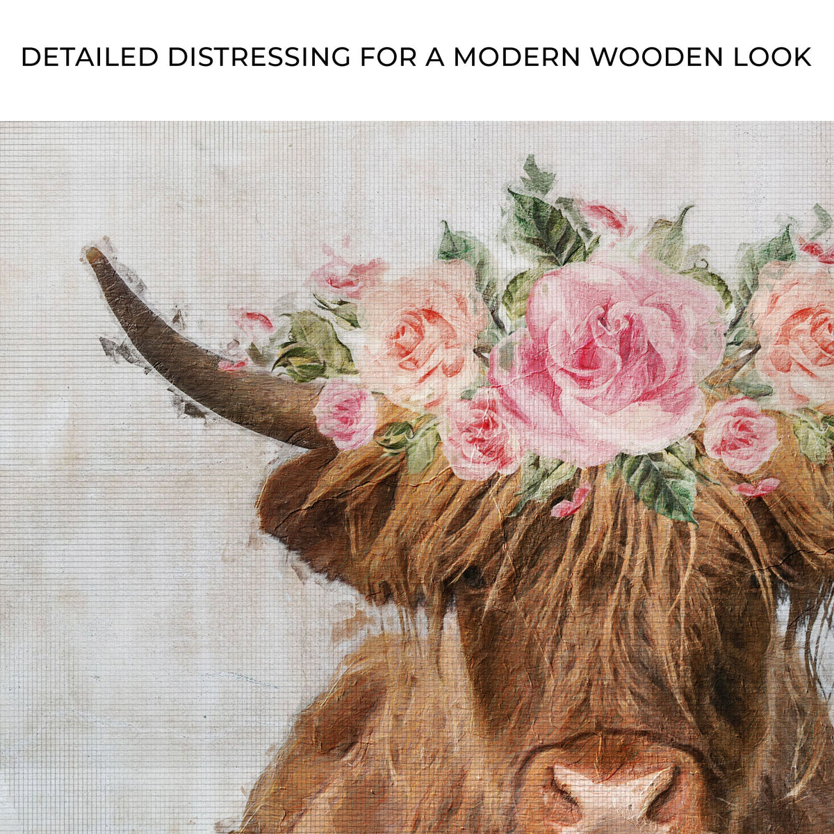Highland Cow Floral Wreath Painting Canvas Wall Art - Quarter Circle AK Boutique