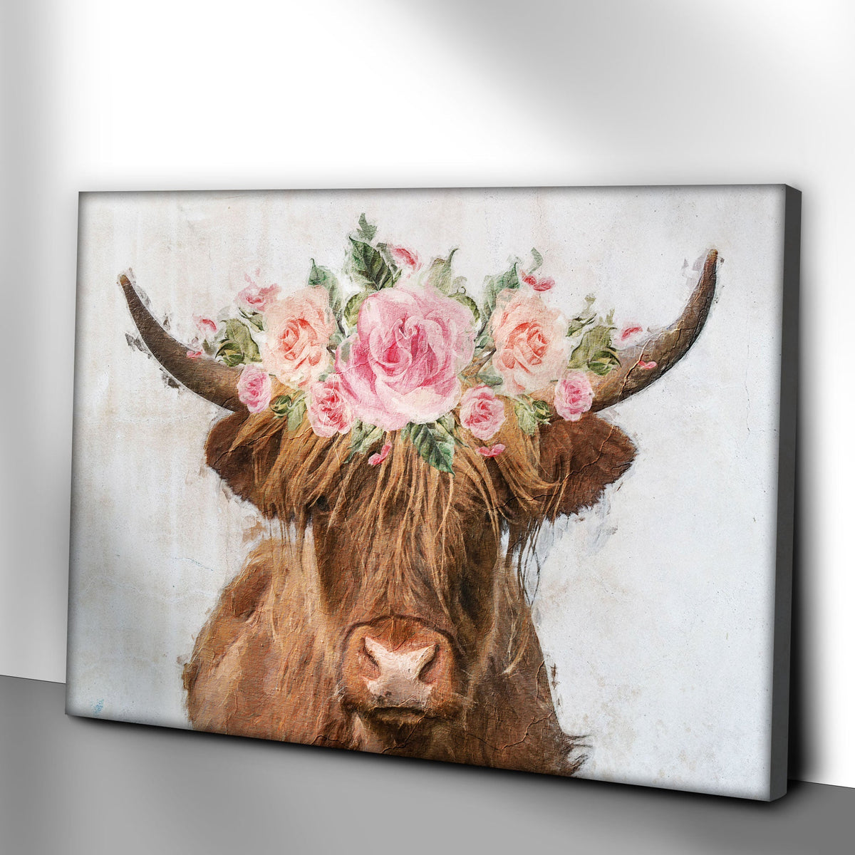 Highland Cow Floral Wreath Painting Canvas Wall Art - Quarter Circle AK Boutique