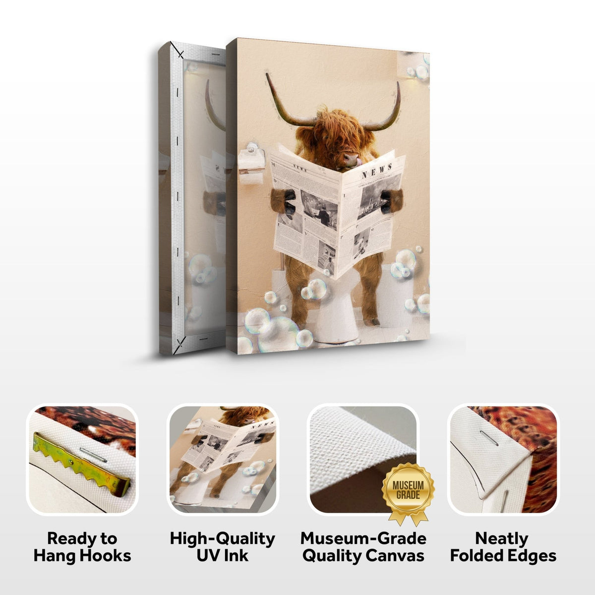 Highland Cow Reading Newspaper Wall Art Canvas - Quarter Circle AK Boutique