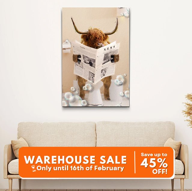 Highland Cow Reading Newspaper Wall Art Canvas - Quarter Circle AK Boutique