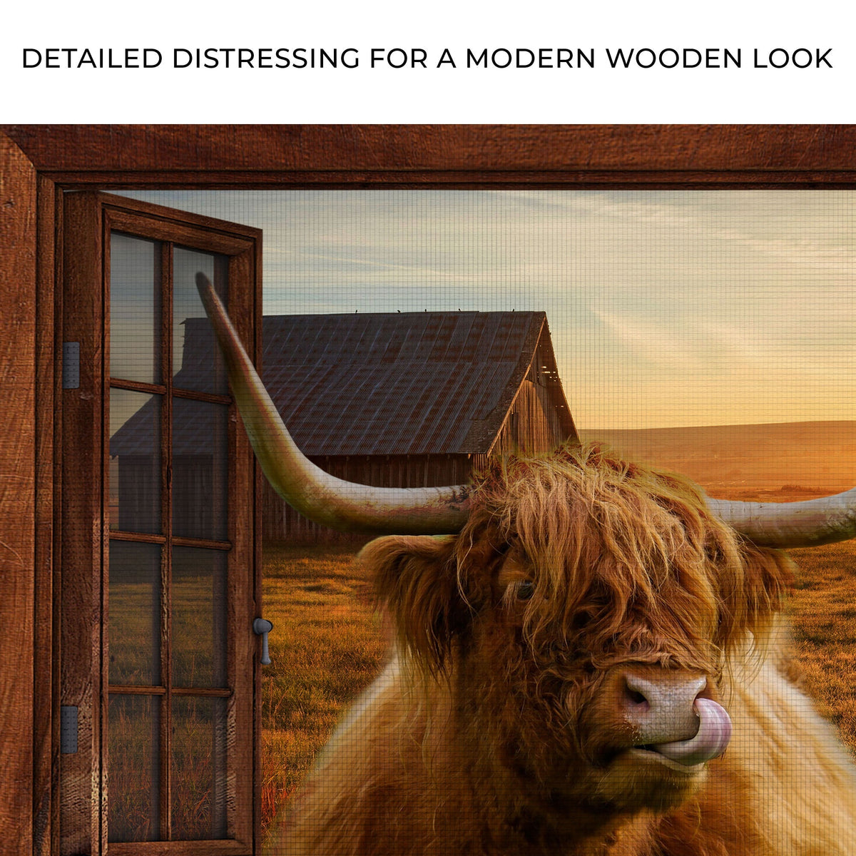 Highland Cow Window View Canvas Wall Art - Quarter Circle AK Boutique