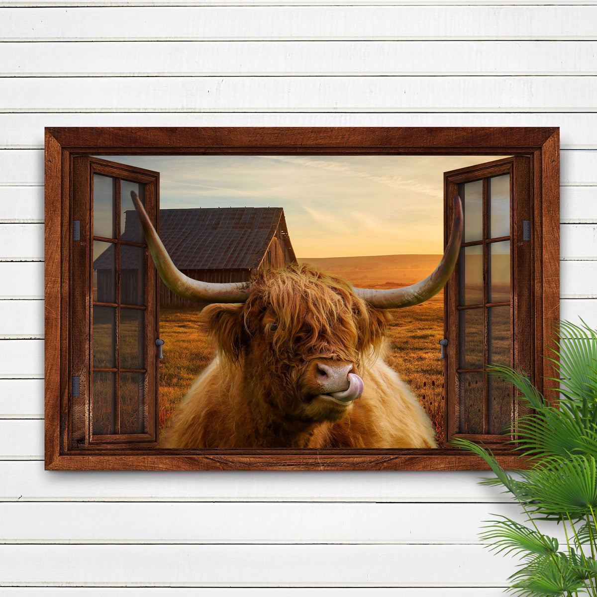 Highland Cow Window View Canvas Wall Art - Quarter Circle AK Boutique