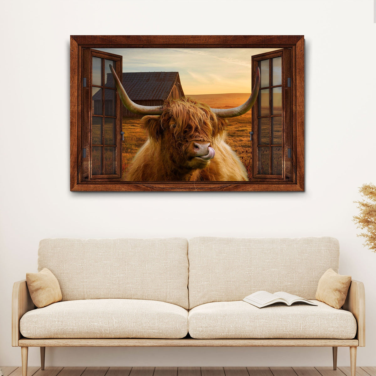 Highland Cow Window View Canvas Wall Art - Quarter Circle AK Boutique