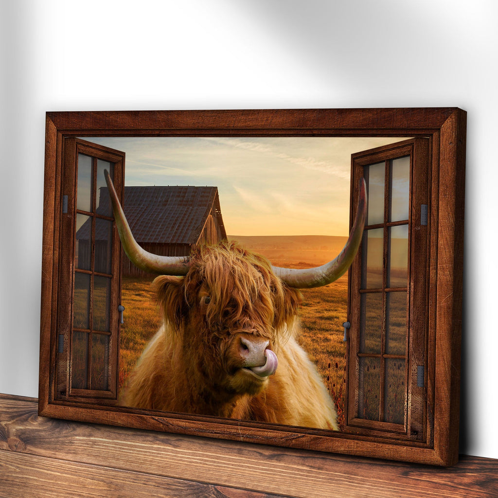 Highland Cow Window View Canvas Wall Art - Quarter Circle AK Boutique