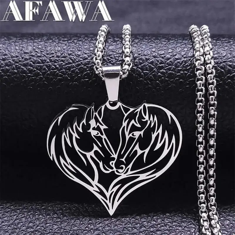 Horse Love Pendant, Stainless Steel Heart Shaped Necklace Jewelry