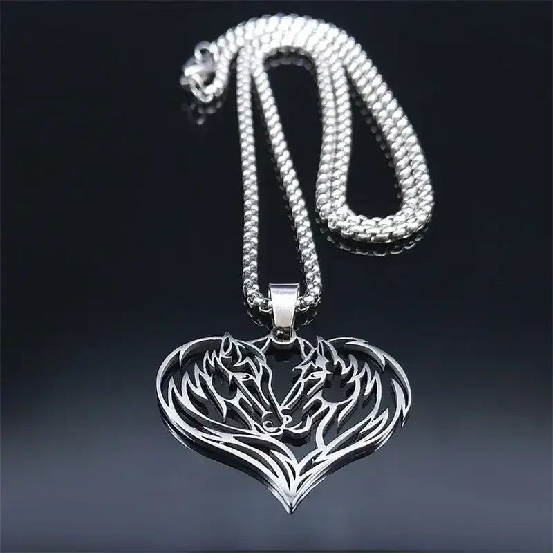 Horse Love Pendant, Stainless Steel Heart Shaped Necklace Jewelry