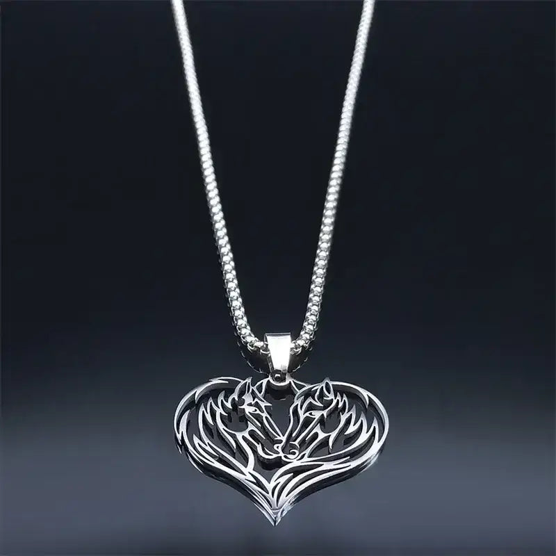 Horse Love Pendant, Stainless Steel Heart Shaped Necklace Jewelry