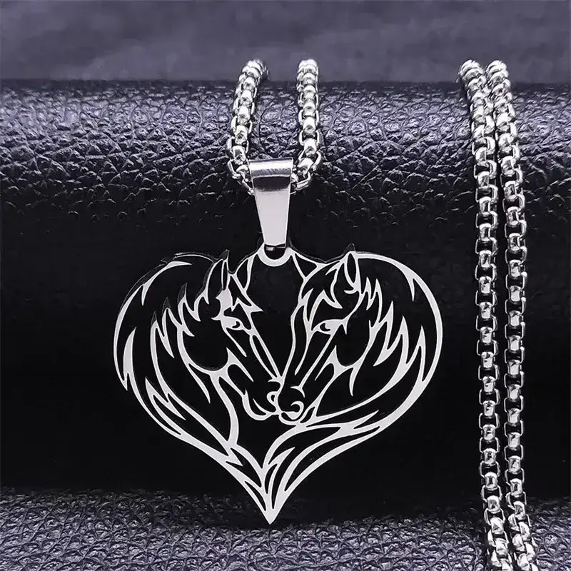 Horse Love Pendant, Stainless Steel Heart Shaped Necklace Jewelry