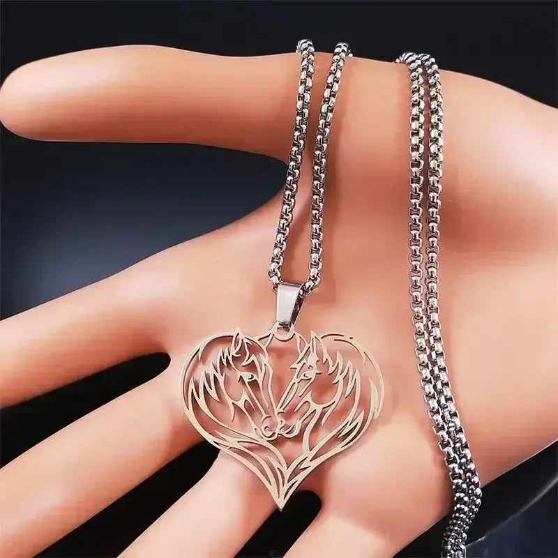 Horse Love Pendant, Stainless Steel Heart Shaped Necklace Jewelry