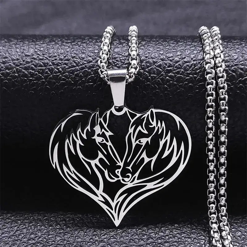Horse Love Pendant, Stainless Steel Heart Shaped Necklace Jewelry