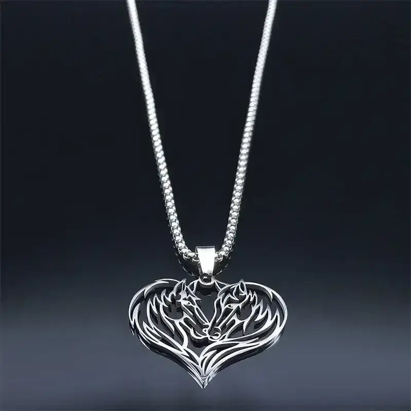 Horse Love Pendant, Stainless Steel Heart Shaped Necklace Jewelry