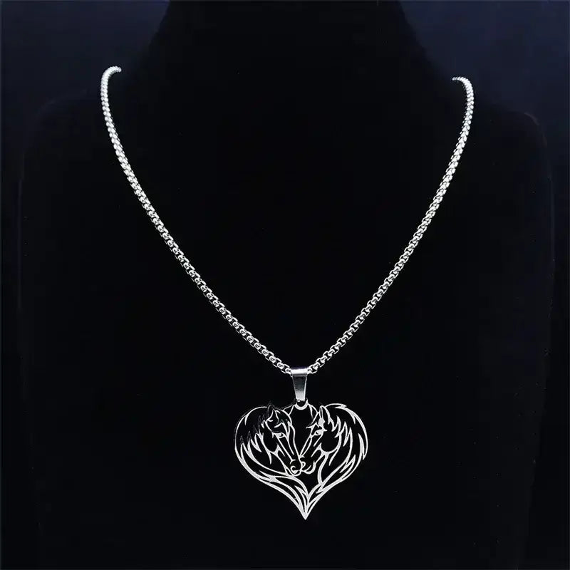 Horse Love Pendant, Stainless Steel Heart Shaped Necklace Jewelry