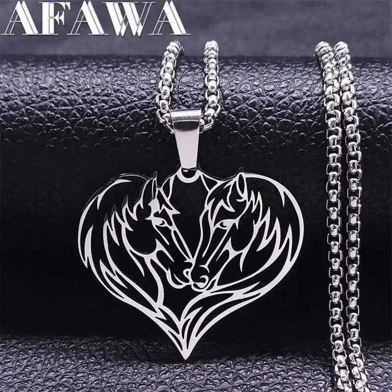 Horse Love Pendant, Stainless Steel Heart Shaped Necklace Jewelry