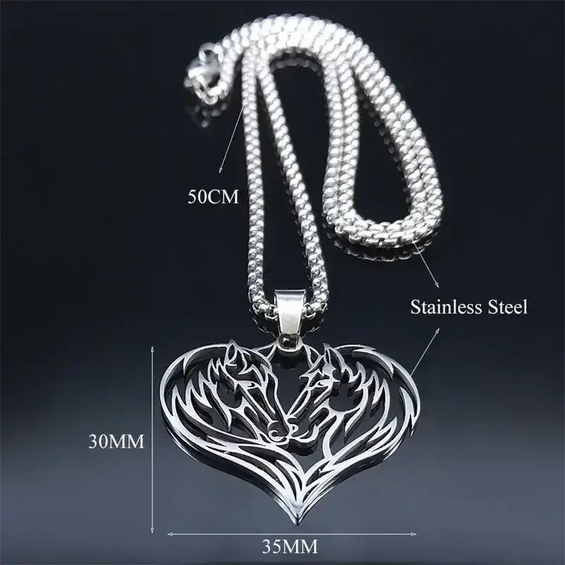 Horse Love Pendant, Stainless Steel Heart Shaped Necklace Jewelry