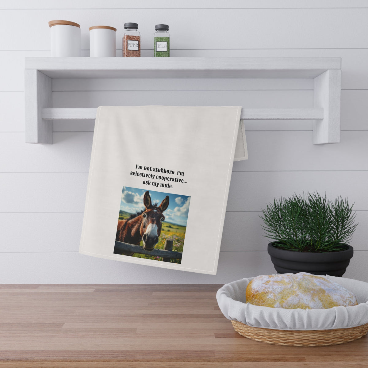 Humorous Mule themed Tea Towel, Funny Kitchen Towels, Gifts for Mule Lovers, Farmhouse Decor, Equine Humor Kitchenware - Quarter Circle AK Boutique