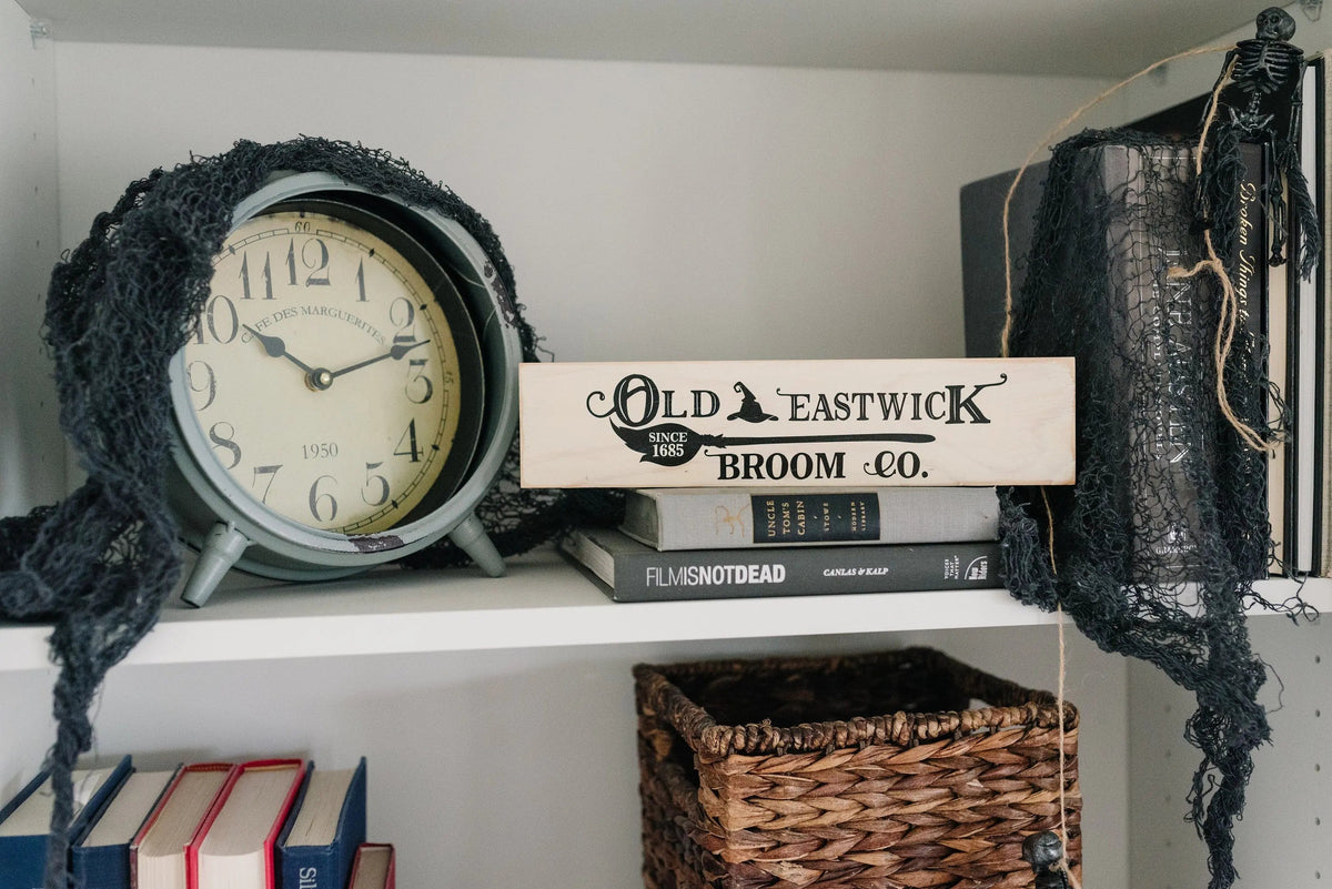 Halloween Signs | Halloween Tiered Tray Decor | Halloween Decor Wood Block | Wood Framed Miniature Sign | Old Eastwick Broom Co. Wood Sign