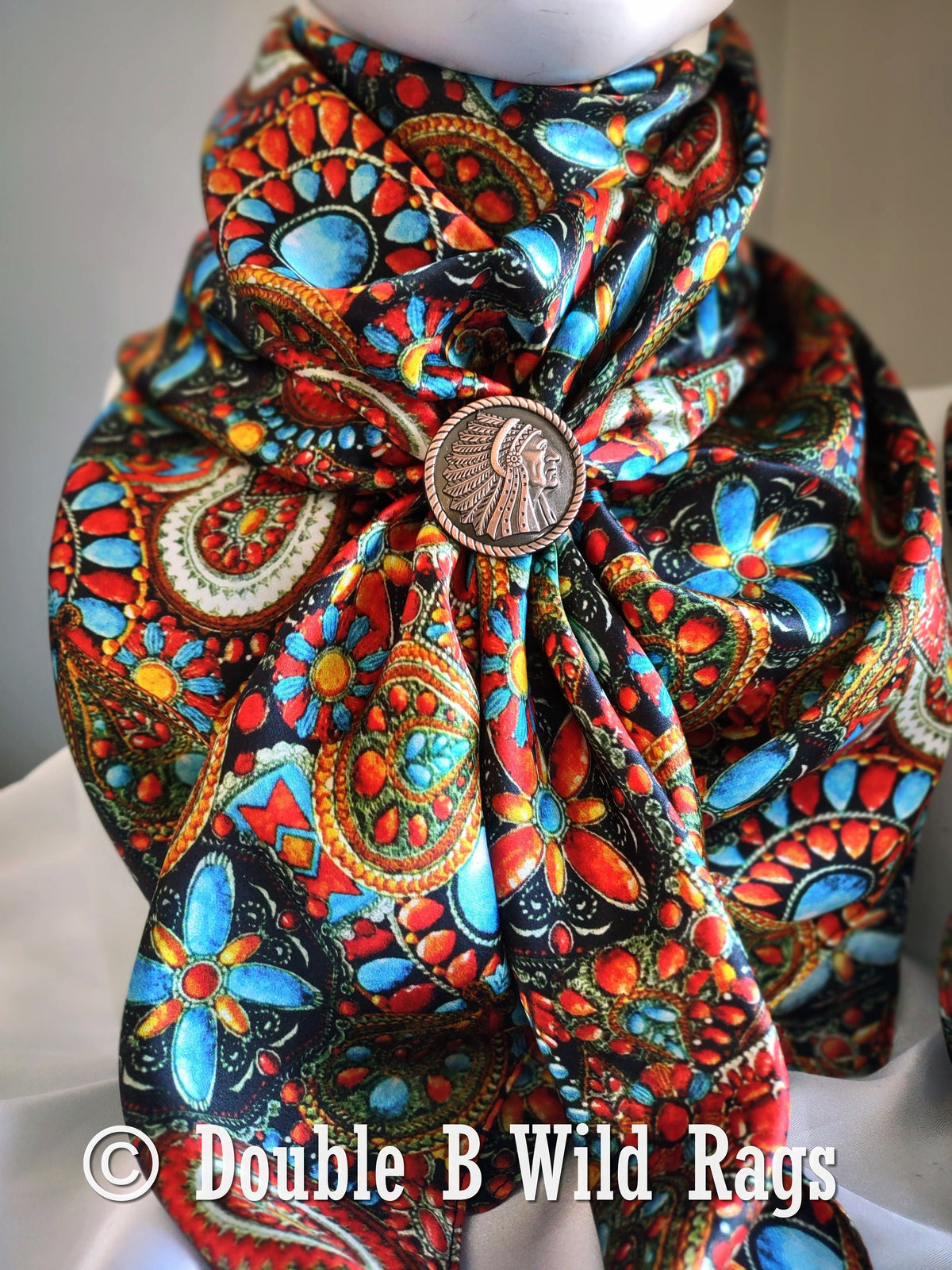 Wild Rag 100% Silk Native Indian Southwest Turquoise and Jewels Cowboy Western Neck Scarf Bandanna by Double B Wild Rags