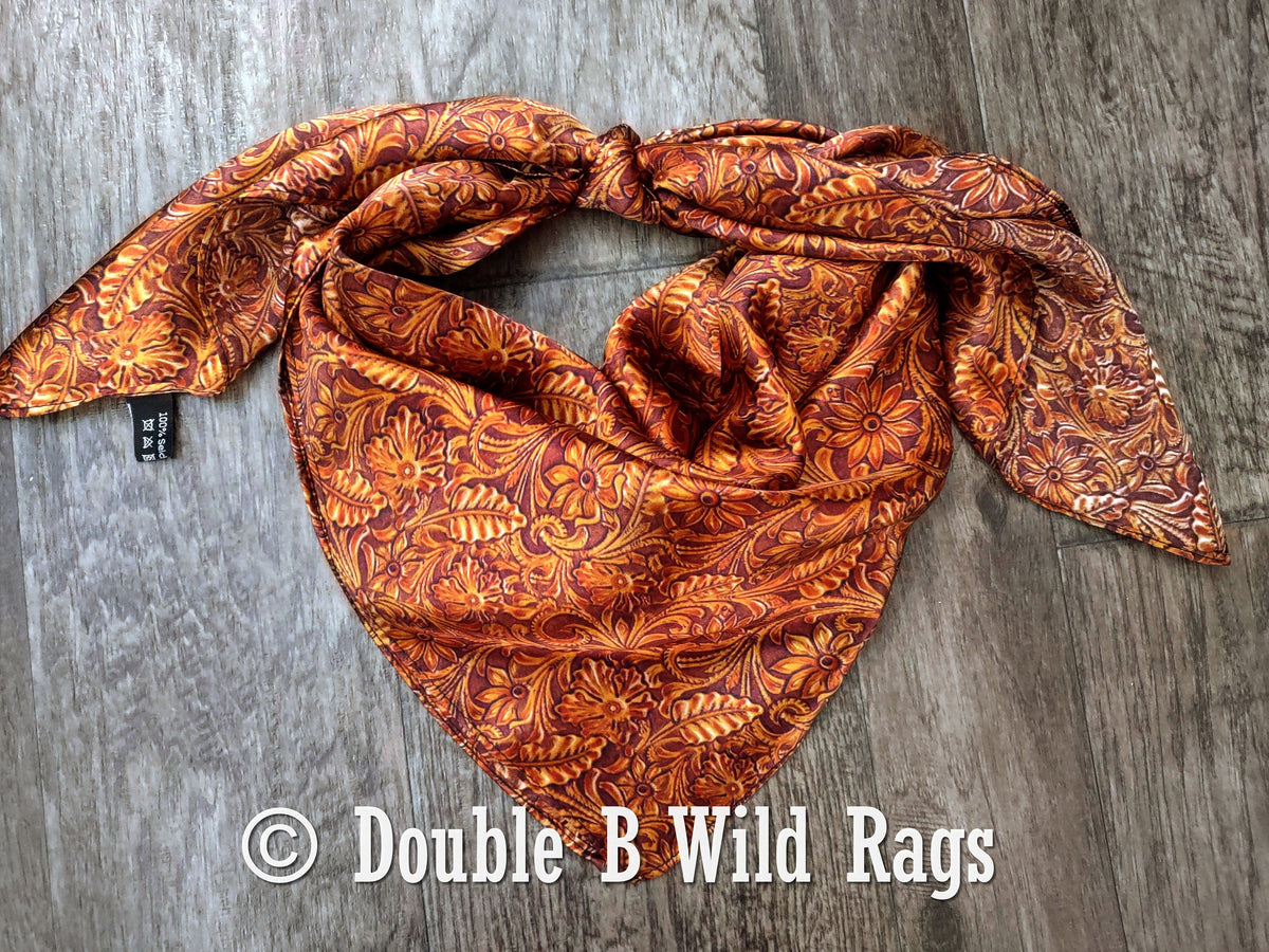 Wild Rag 100% SILK Sorel Orange Rust Tooled Leather Cowboy Western Neck Scarf Bandanna by Double B Wild Rags